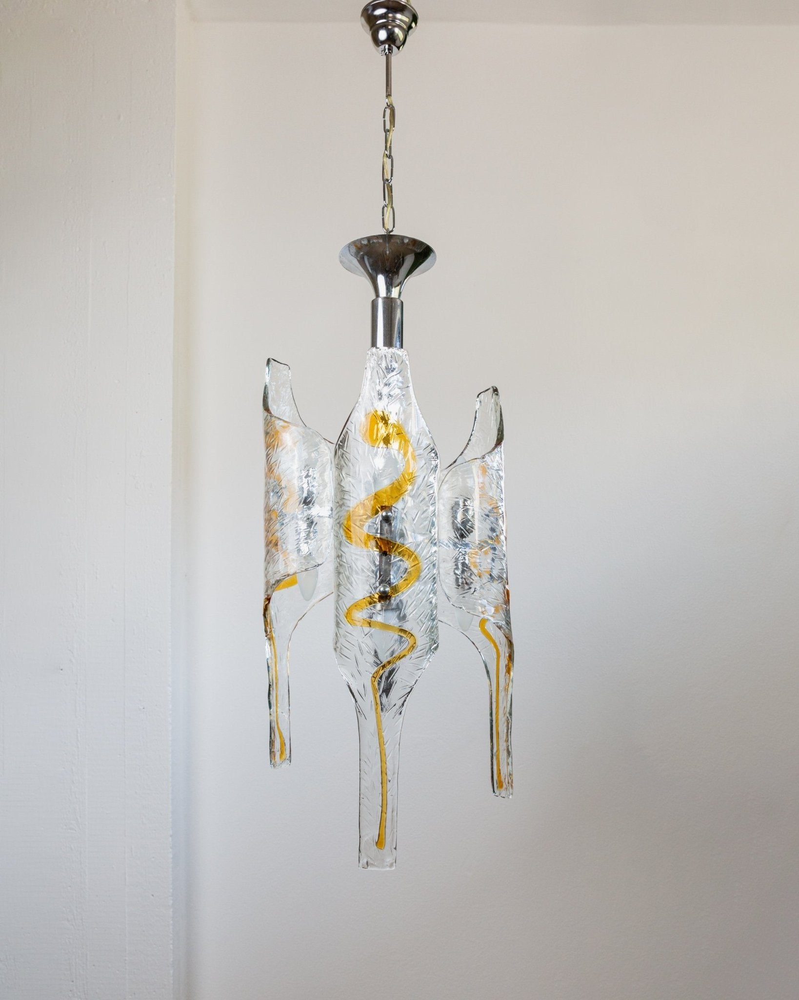 XXL vintage Murano glass chandelier by Toni Zuccheri for Mazzega - Italy 1970s - clear, amber - coloured glass, chrome - MCM ceiling lamp - Bottega Jacobs