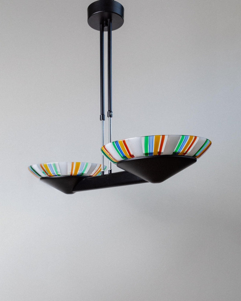 XXL Vintage Murano Glass Chandelier - Colorful Striped Glass, Black Metal - Italy Memphis Style 1980s - Decorative Ceiling Light, Gift Idea_Bottega Jacobs